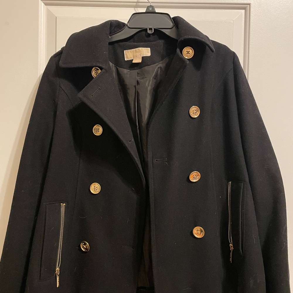 MICHAEL Michael Kors Black and Gold Pea Coat with Wide Lapel